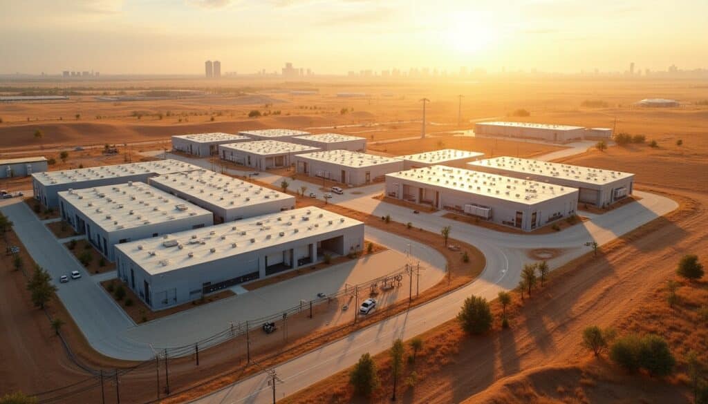 Aerial view of massive Texas hyperscale data center campus showing 24 buildings and 1.8GW electrical switchyard infrastructure