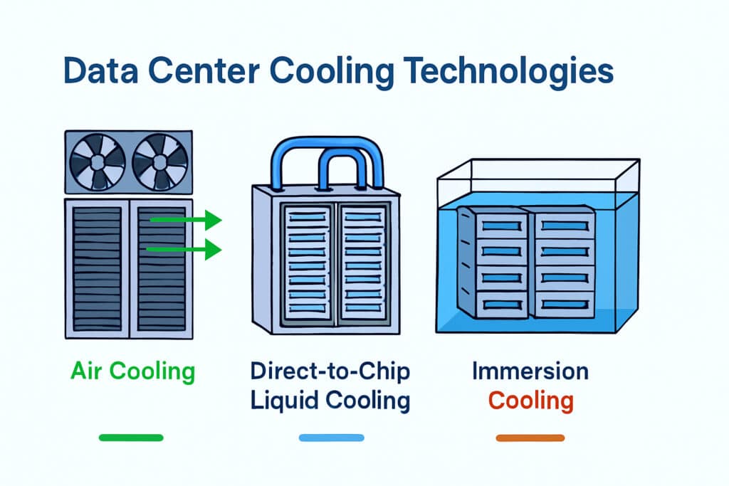 Comparison diagram of three data center cooling technologies: air, direct-to-chip, and immersion cooling.