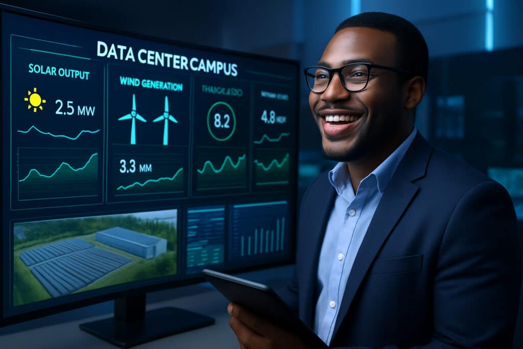 Energy professional analyzing renewable power flows on an advanced monitoring system for a data center, showcasing integrated management of solar, wind, and storage resources.