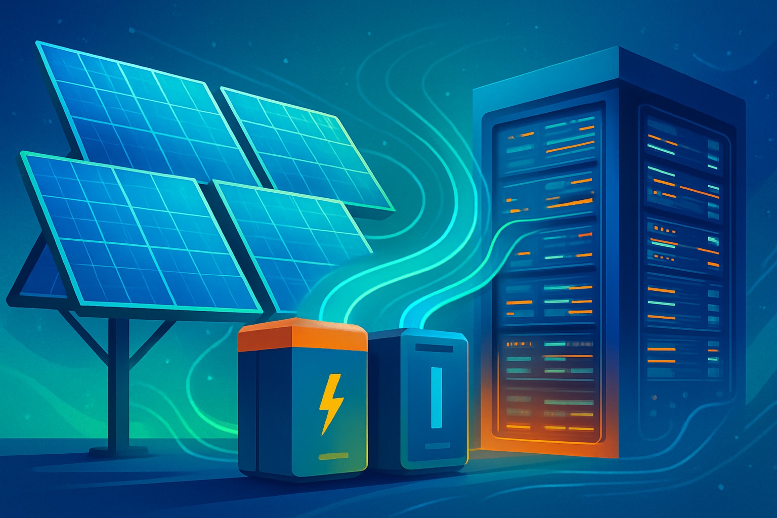 Solar energy systems powering modern digital infrastructure with connected data centers, battery storage, and sustainable power generation