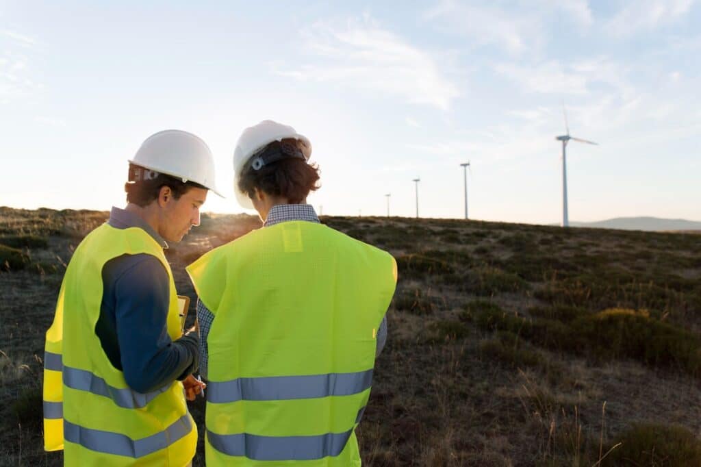two engineers working on the field with wind turbine in the background