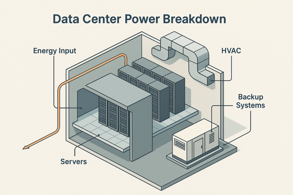 Diagram showing energy consumption breakdown in a data center, including servers, HVAC, lighting, and backup systems.