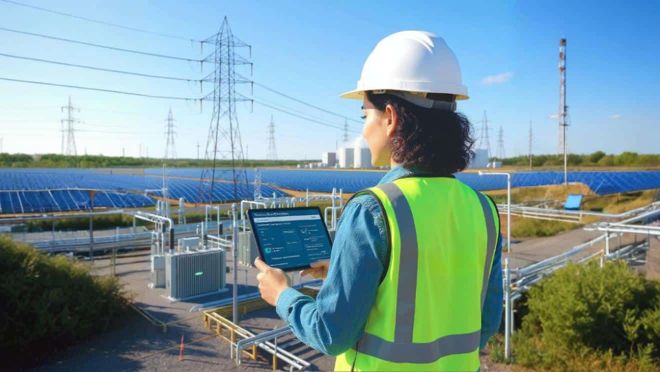 Female engineer analyzing power grid data and electrical infrastructure for data center energy development