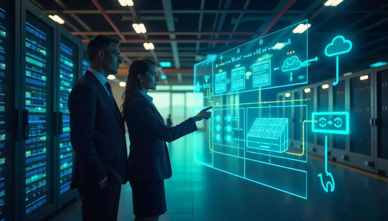 Data center professionals analyzing renewable energy flows between solar arrays and modern server infrastructure