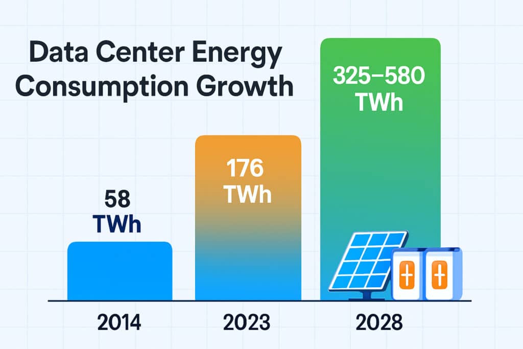 Chart showing data center energy consumption growth from 58 TWh in 2014 to potentially 580 TWh by 2028 with renewable energy solutions