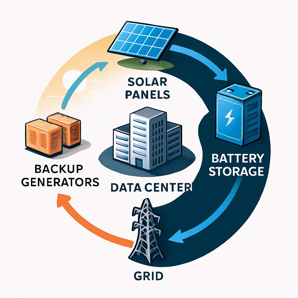 Diagram showing how renewable energy and storage systems integrate with data center power infrastructure