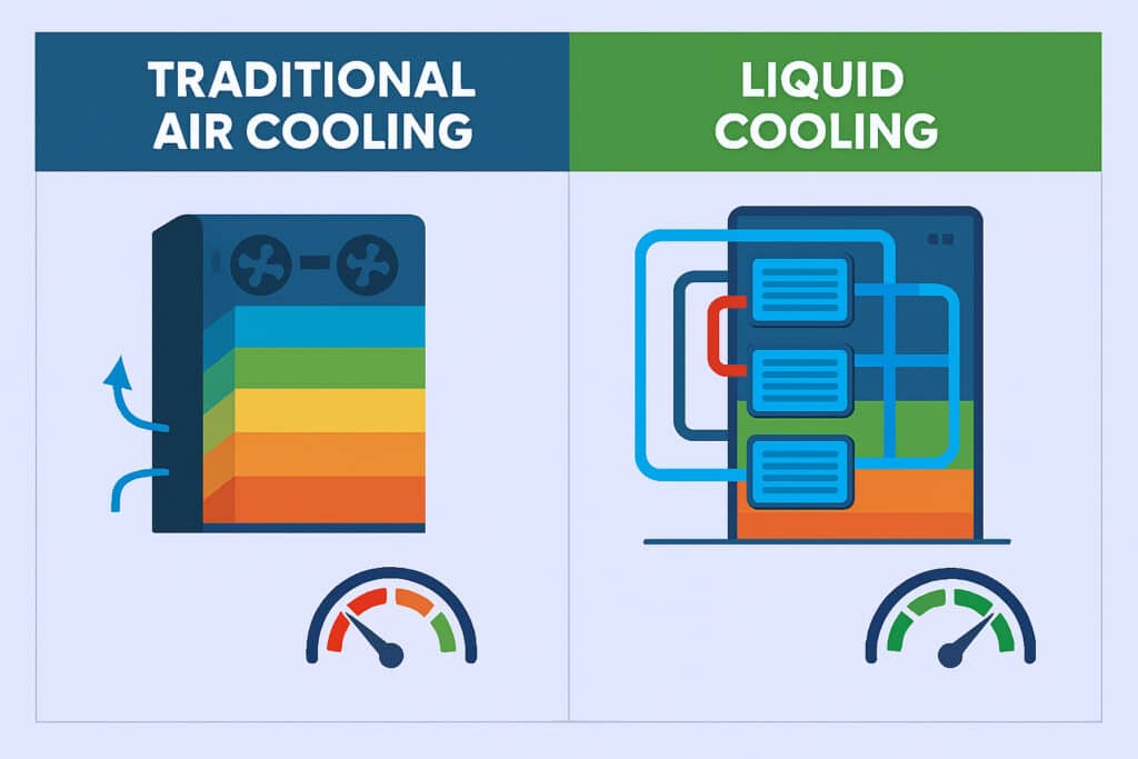 Side-by-side comparison of air cooling versus liquid cooling technologies showing efficiency differences in data centers