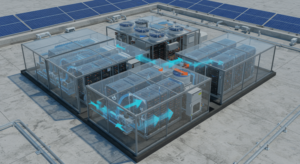 A solar-powered HVAC unit cooling a server room, representing sustainable cooling solutions in data centers.