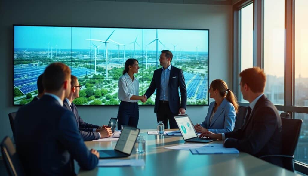 Business executives and engineers collaborating on energy campus development partnership with holographic infrastructure displays and renewable energy planning