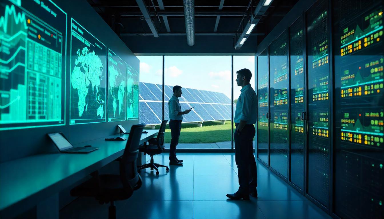 Engineers analyzing holographic power consumption data in modern AI data center control room with renewable energy monitoring displays