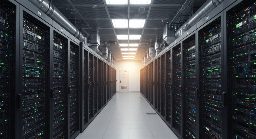 High-density GPU racks inside an AI data center design layout.