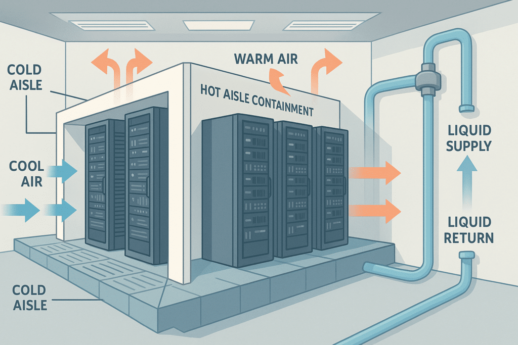 Diagram of airflow in an AI data center, showing hot aisle containment and liquid cooling lines.