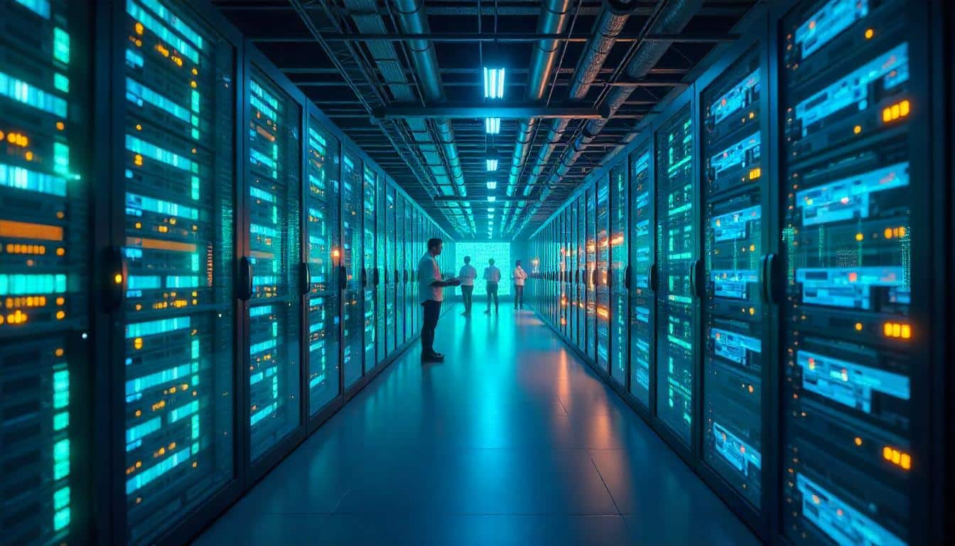 Modern data center powered by renewable energy with server racks and digital power flow visualization