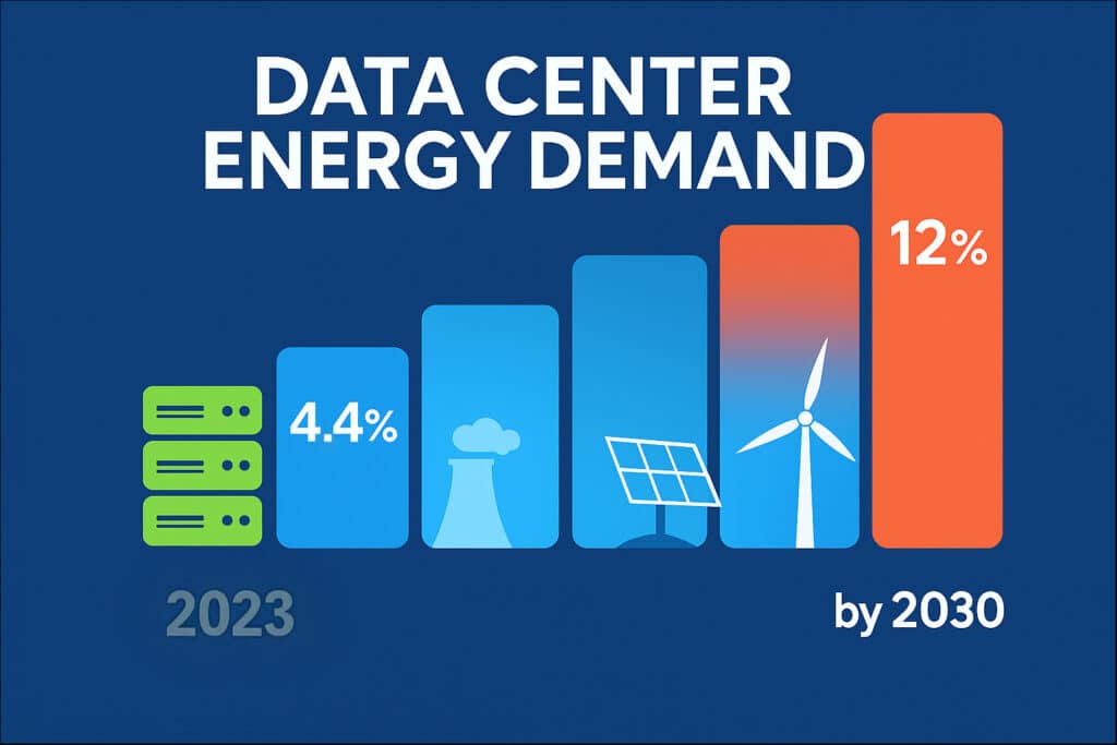 Infographic showing data center energy consumption growing from 4.4% in 2023 to 12% of U.S. electricity by 2030