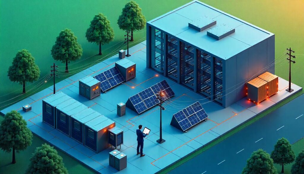 Advanced data center power infrastructure with renewable energy sources, battery storage, and real-time power management