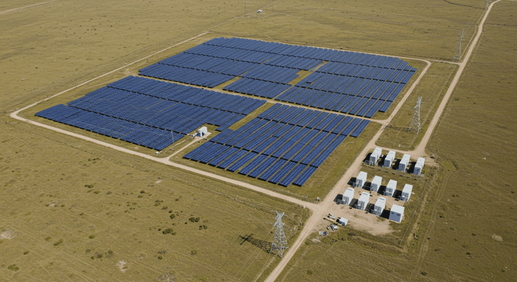Large-scale solar energy and storage installation supporting AI data center power infrastructure.