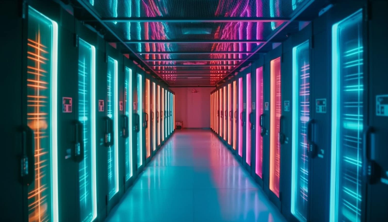 image of a data center row with multi-colored lights