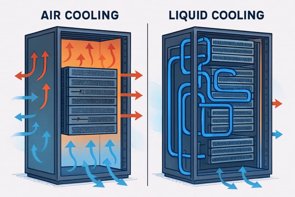 Technical illustration comparing air cooling and liquid cooling systems in data center servers