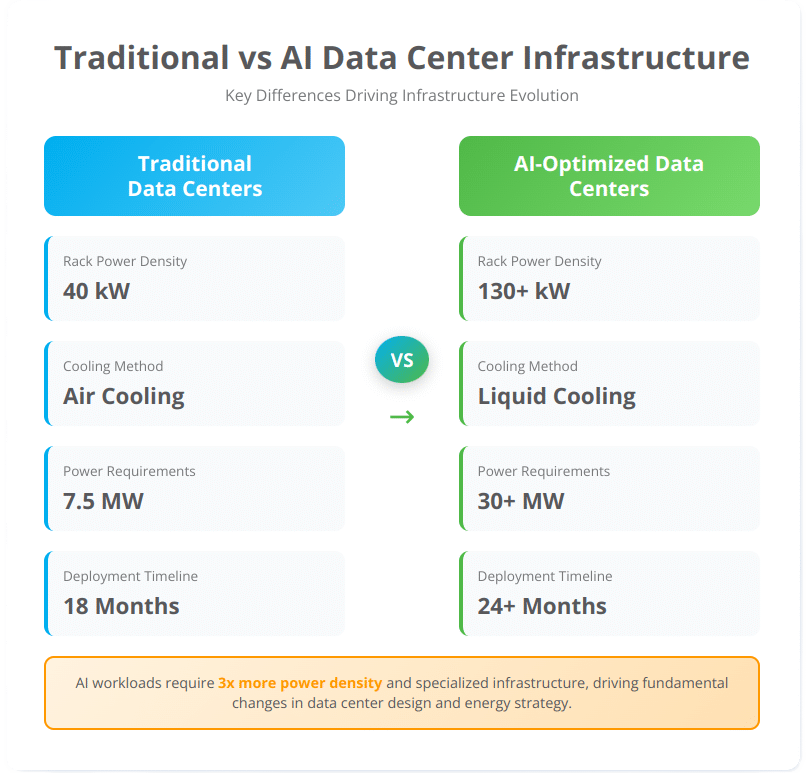 Infrastructure comparison infographic showing traditional data centers vs AI-optimized data centers with power density and cooling differences