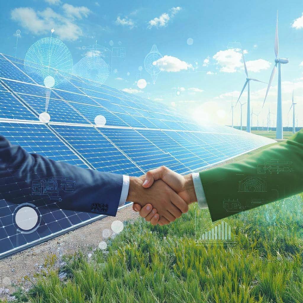 Two professionals shaking hands in front of solar panels and wind turbines, symbolizing strategic partnerships in renewable energy development with digital overlays representing site assessment and system integration.