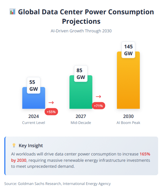 Global Data Center Power Consumption Projections showing growth from 55 GW in 2024 to 145 GW by 2030